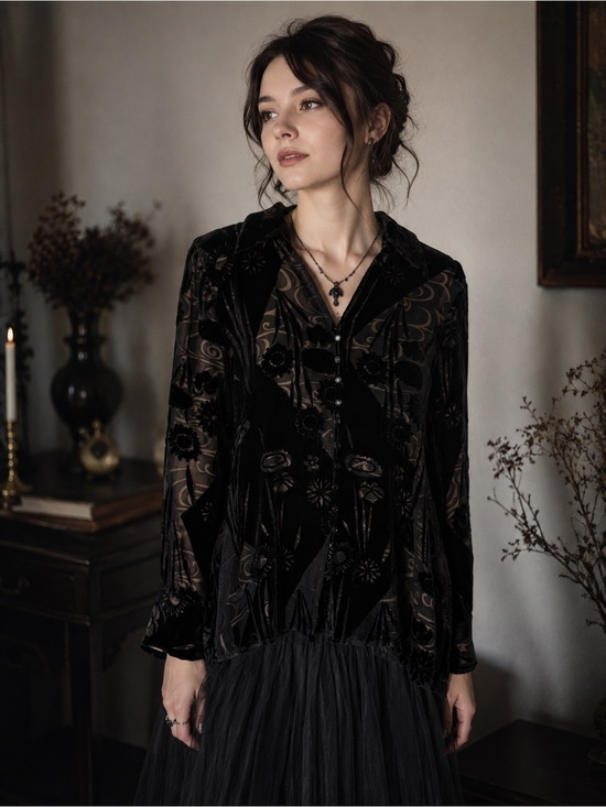 Vintage Tops - Vintage 90s Silk Velvet Floral Burnout Button Front Black Top Whimsigoth Witch